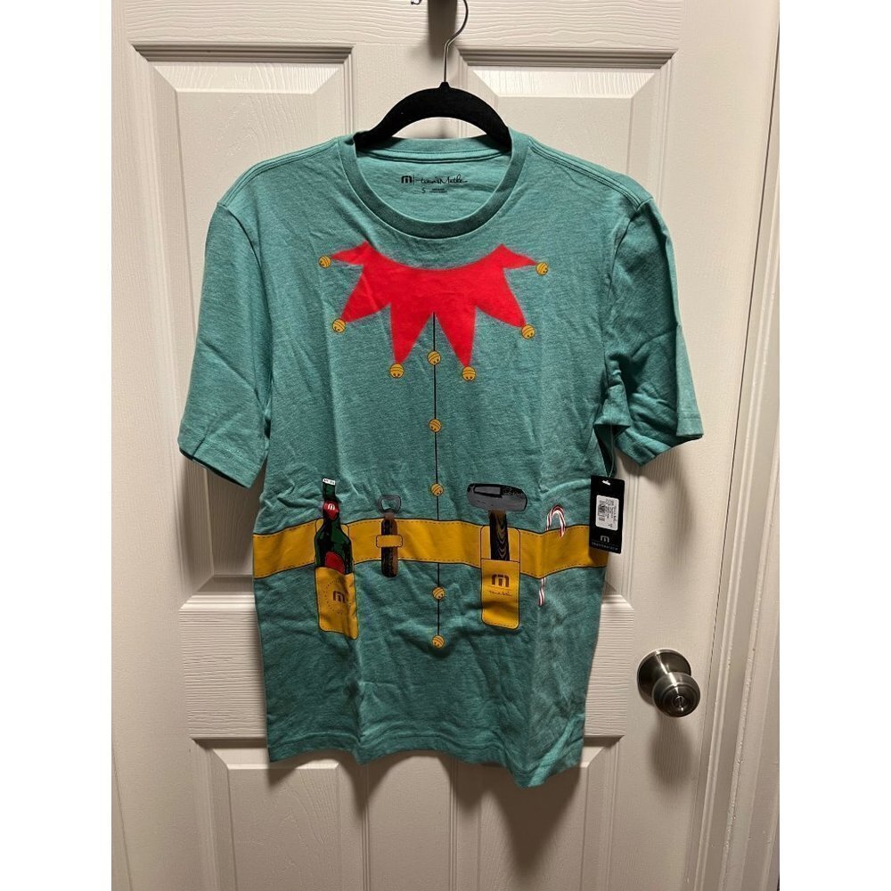 NEW Travis Mathew | Falalalala Graphic T-Shirt Green Holiday Toolbelt Beer Sz S